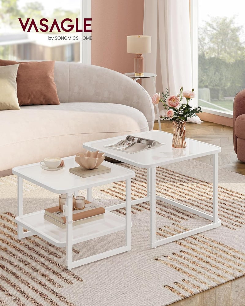 VASAGLE Coffee Tables, Set of 2 Nesting Tables with LED Lights, Modern Square Side Tables, Frosted Glass, Bottom Shelf, for Living Room, Bedroom, Office, Cloud White and Pearl White - Image 1